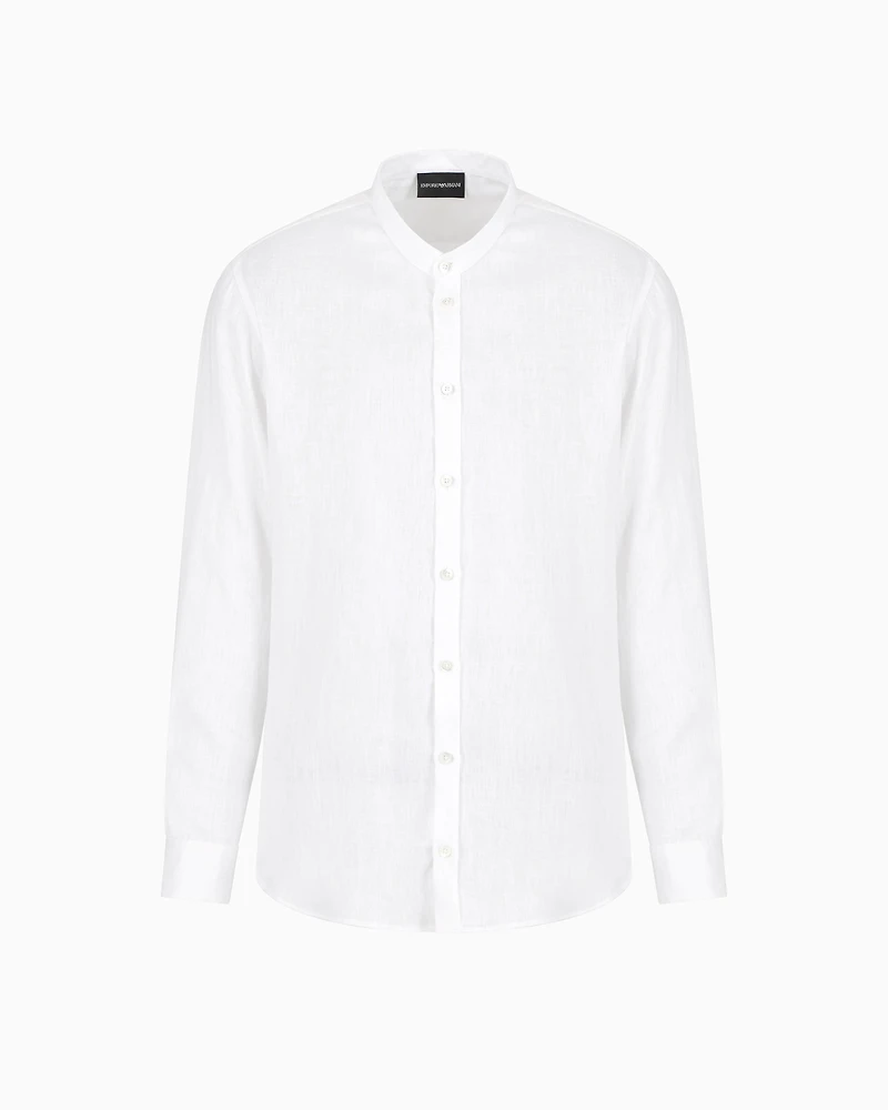 Emporio Armani - Linen chambray shirt with guru collar, Man, White, Size: