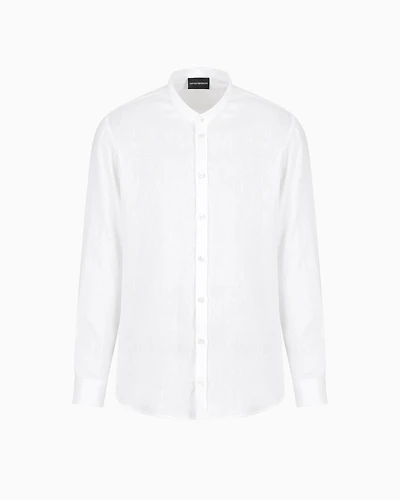 Emporio Armani - Linen chambray shirt with guru collar, Man, White, Size:
