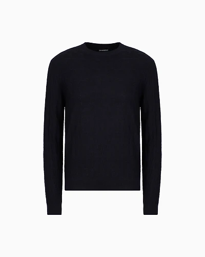 Emporio Armani - Wool and Lyocell-blend jumper a tuck stitch, Man, Navy Blue, Size: