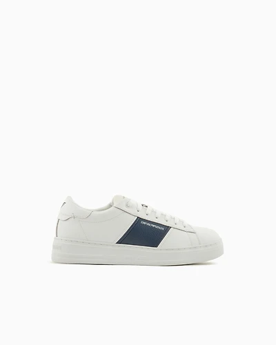 Emporio Armani - Leather sneakers with logo detail, Man, Navy Blue, Size: