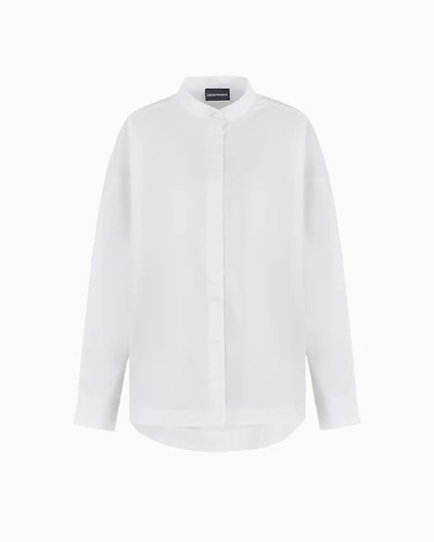 Emporio Armani - Polished cotton oversized shirt with guru collar, Woman, White, Size:
