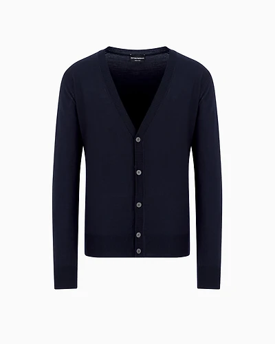 Emporio Armani - Plain-knit, virgin-wool V-neck cardigan, Man, Navy Blue, Size: