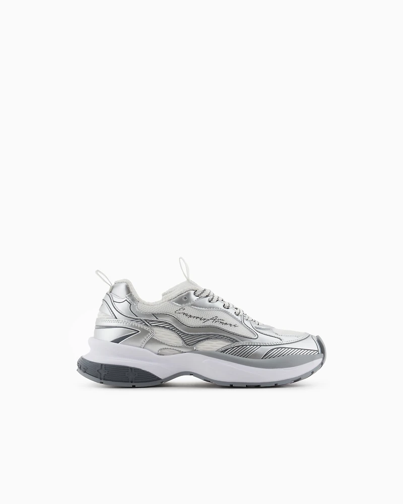 Emporio Armani - Mesh sneakers with laminated details and signature logo, Woman, Silver, Size: