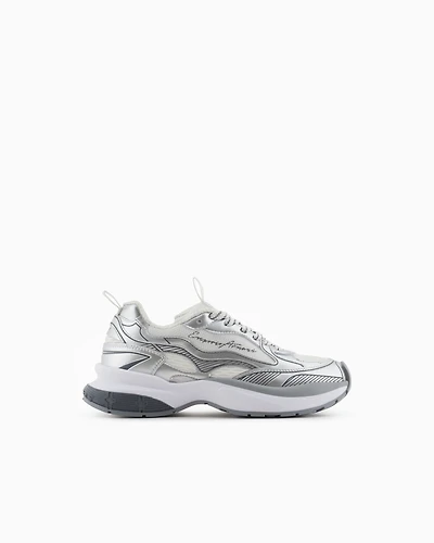 Emporio Armani - Mesh sneakers with laminated details and signature logo, Woman, Silver, Size:
