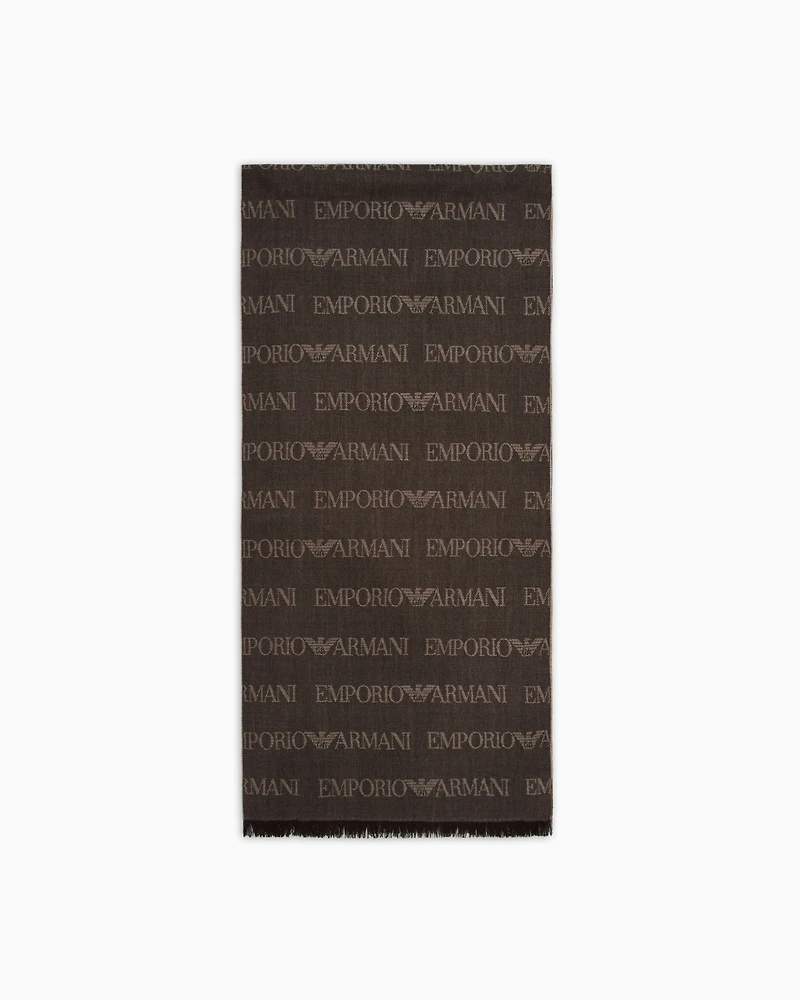 Emporio Armani - Virgin-wool blend scarf with jacquard logo lettering and fringes, Man, Brown, Size: TU