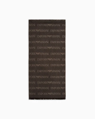 Emporio Armani - Virgin-wool blend scarf with jacquard logo lettering and fringes, Man, Brown, Size: TU