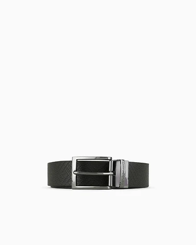 Emporio Armani - Reversible leather belt in weave print, Man, Black, Size: TU