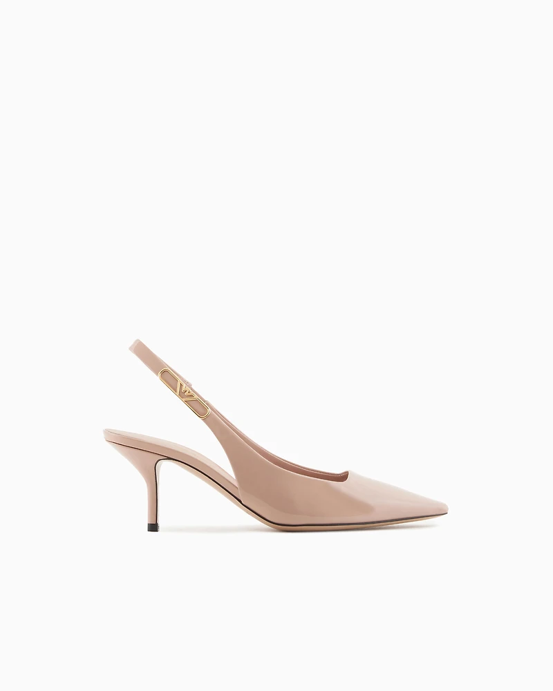 Emporio Armani - Patent-leather slingback court shoes with eagle plate, Woman, Beige, Size: