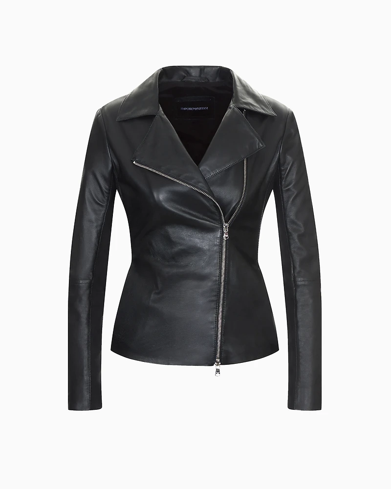 Emporio Armani - Semi-aniline nappa-lambskin jacket with jersey inserts, Woman, Black, Size: