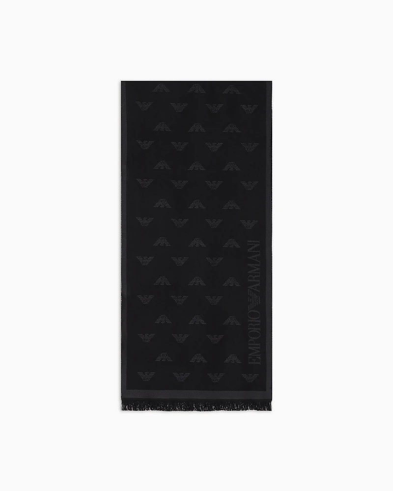 Emporio Armani - Wool scarf with all-over jacquard eagle, Man, Grey, Size: TU