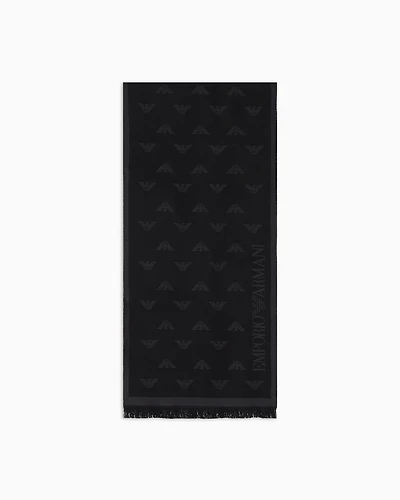 Emporio Armani - Wool scarf with all-over jacquard eagle, Man, Grey, Size: TU