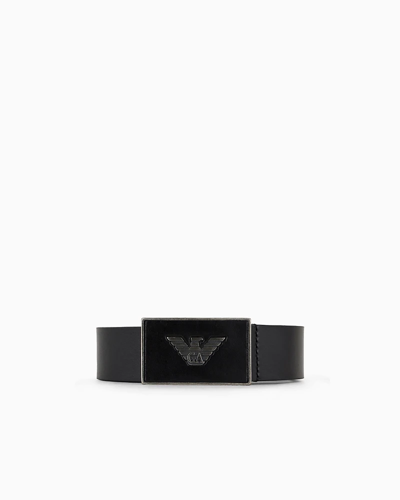 Emporio Armani - Leather belt with eagle plate, Man, Black, Size: