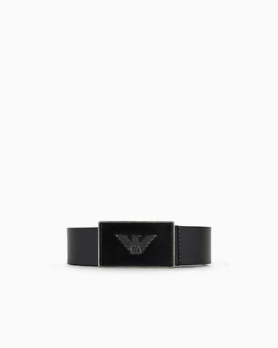 Emporio Armani - Leather belt with eagle plate, Man, Black, Size: