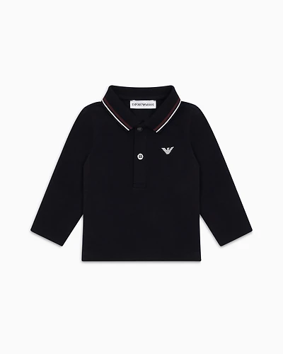 Emporio Armani - Stretch-piqué long-sleeved polo shirt with trimmed collar, Boy, Navy_blue, Size: