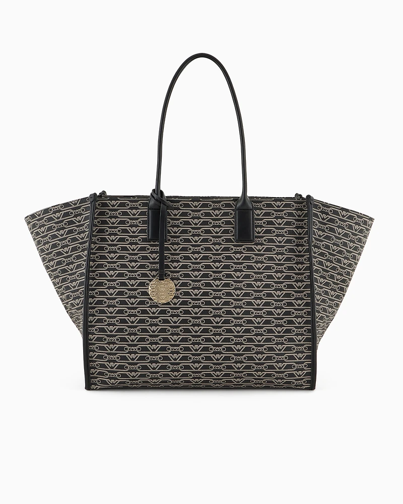 Emporio Armani - Oversized shopper bag with all-over monogram print, Woman, Black, Size: TU