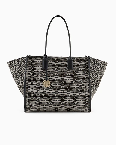 Emporio Armani - Oversized shopper bag with all-over monogram print, Woman, Black, Size: TU