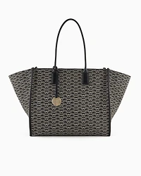 Emporio Armani - Oversized shopper bag with all-over monogram print, Woman, Black, Size: TU