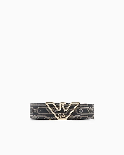 Emporio Armani - Monogram-print belt with eagle plate, Woman, Black, Size: