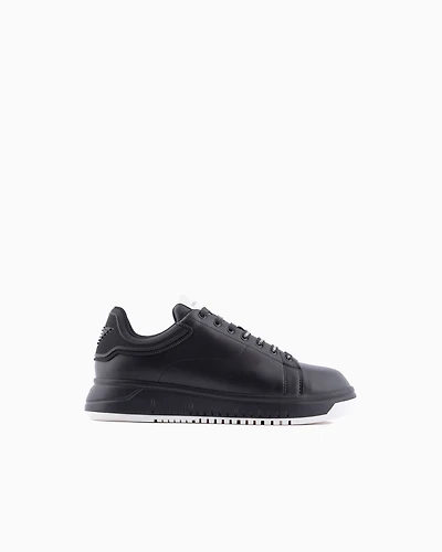 Emporio Armani - Leather sneakers with rubber back knurled sole, Man, Black, Size: