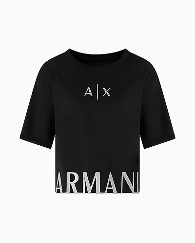 Armani Exchange - Cropped T-shirt with logo profile, Woman, Black, Size: