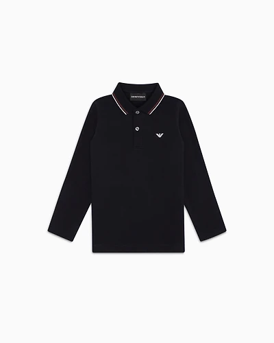 Emporio Armani - Long-sleeved stretch piqué polo shirt with micro eagle embroidery, Boy, Navy_blue, Size: