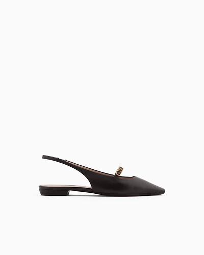 Emporio Armani - Nappa-leather slingback ballerinas with eagle plate, Woman, Brown, Size: