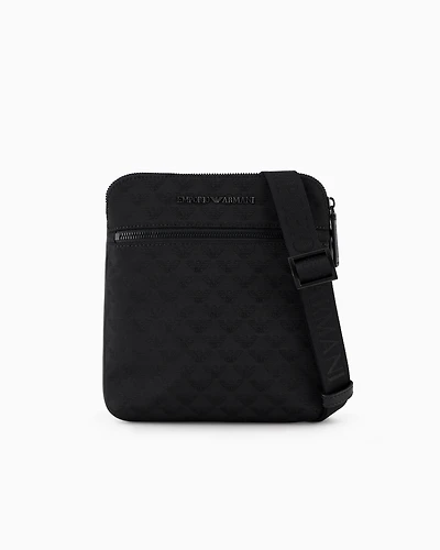 Emporio Armani - Flat nylon shoulder bag with all-over jacquard eagle, Man, Black, Size: TU