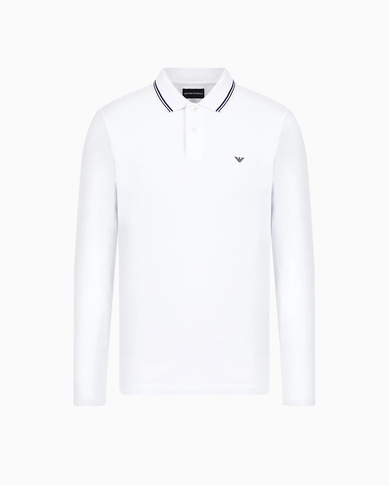 Emporio Armani - Long-sleeved stretch piqué polo shirt with micro eagle embroidery, Man, White, Size:
