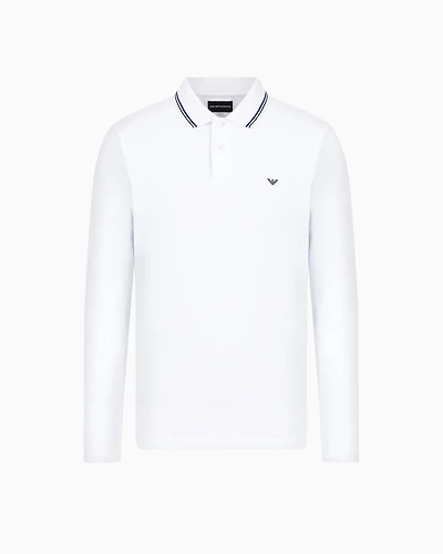Emporio Armani - Long-sleeved stretch piqué polo shirt with micro eagle embroidery, Man, White, Size: