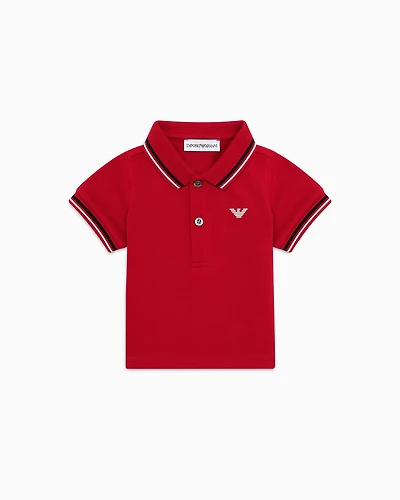 Emporio Armani - Stretch piqué polo shirt with striped trim, Boy, Red, Size: