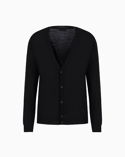 Emporio Armani - Plain-knit, virgin-wool V-neck cardigan, Man, Black, Size: