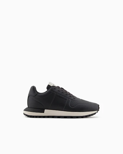 Emporio Armani - Leather sneakers with thermoformed details, Man, Black, Size: