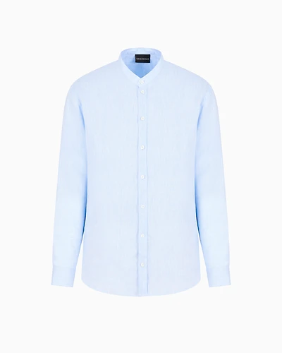 Emporio Armani - Linen chambray shirt with guru collar, Man, Light Blue, Size: