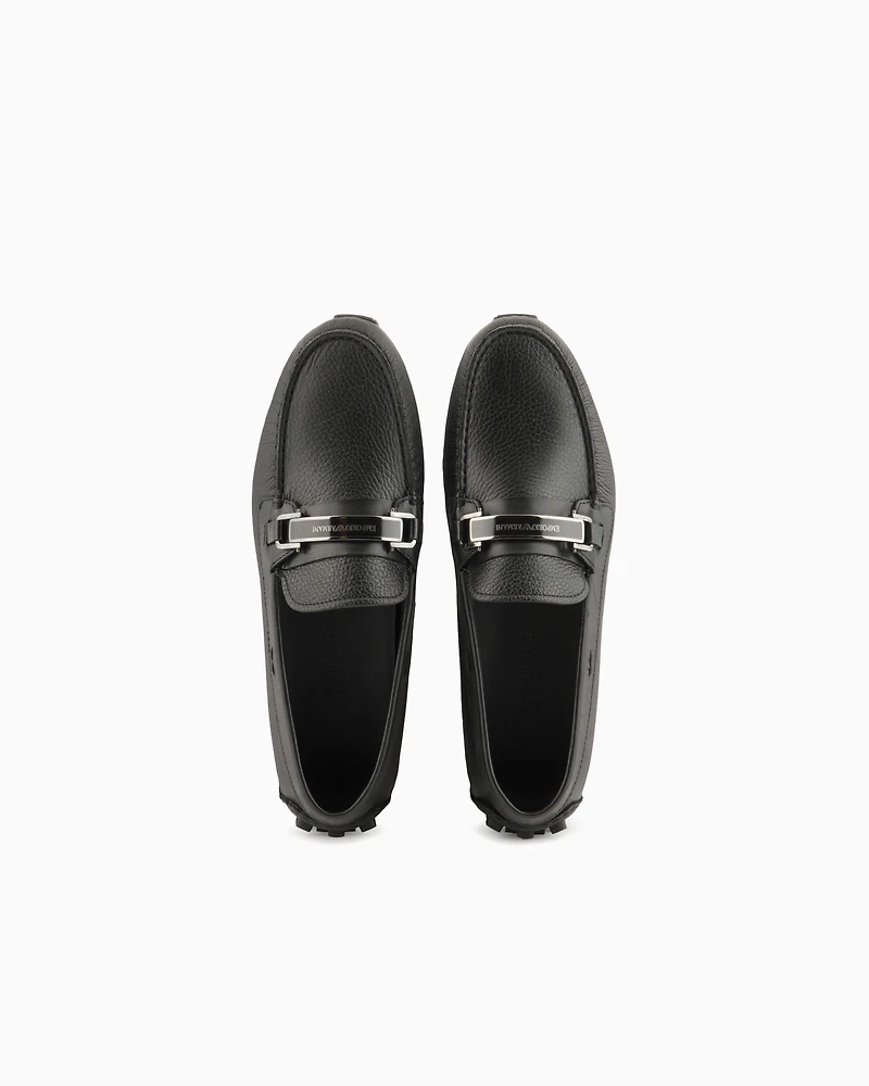 Emporio Armani - Pebbled leather driving loafers with stirrup bar, Man, Black, Size: