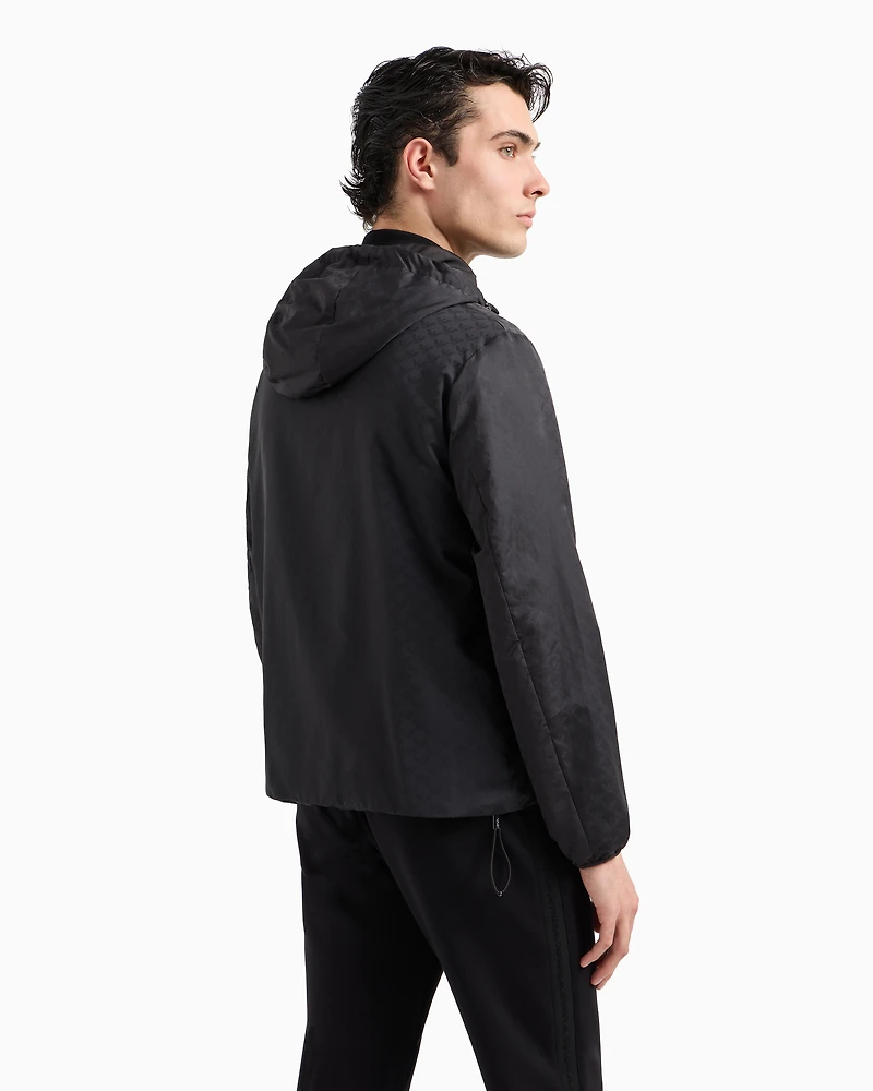 Emporio Armani - Nylon jacket with hood and zip, all-over jacquard eagle, Man, Black, Size: