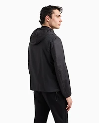Emporio Armani - Nylon jacket with hood and zip, all-over jacquard eagle, Man, Black, Size: