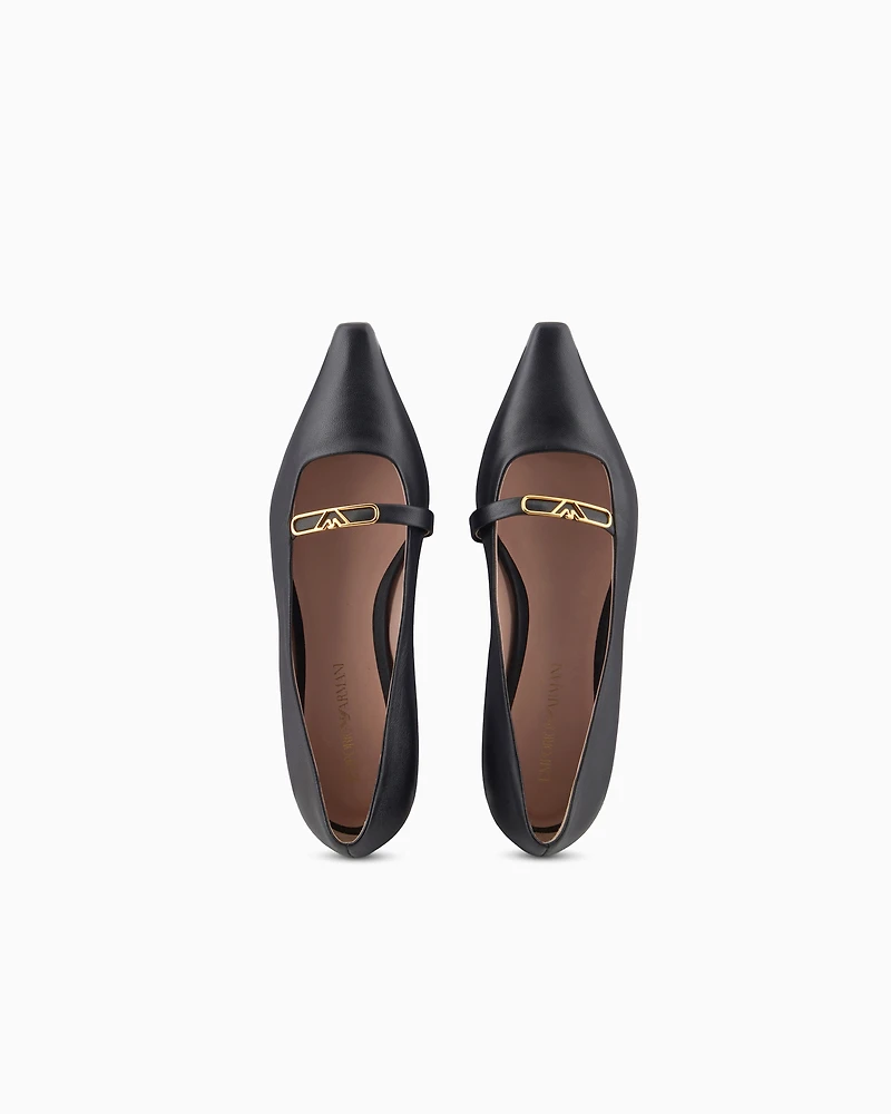 Emporio Armani - Nappa-leather pointed-toe ballerinas with eagle plate, Woman, Black, Size: