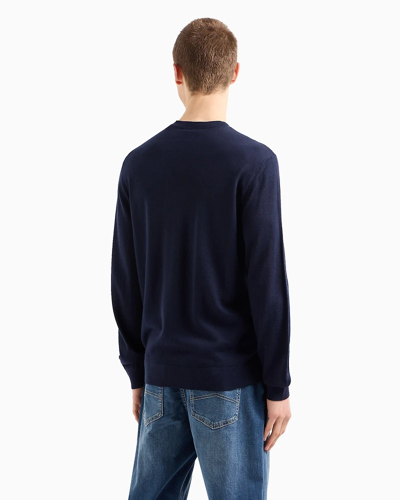 Armani Exchange - Wool blend crew neck sweater with chest logo, Man, Navy Blue, Size:
