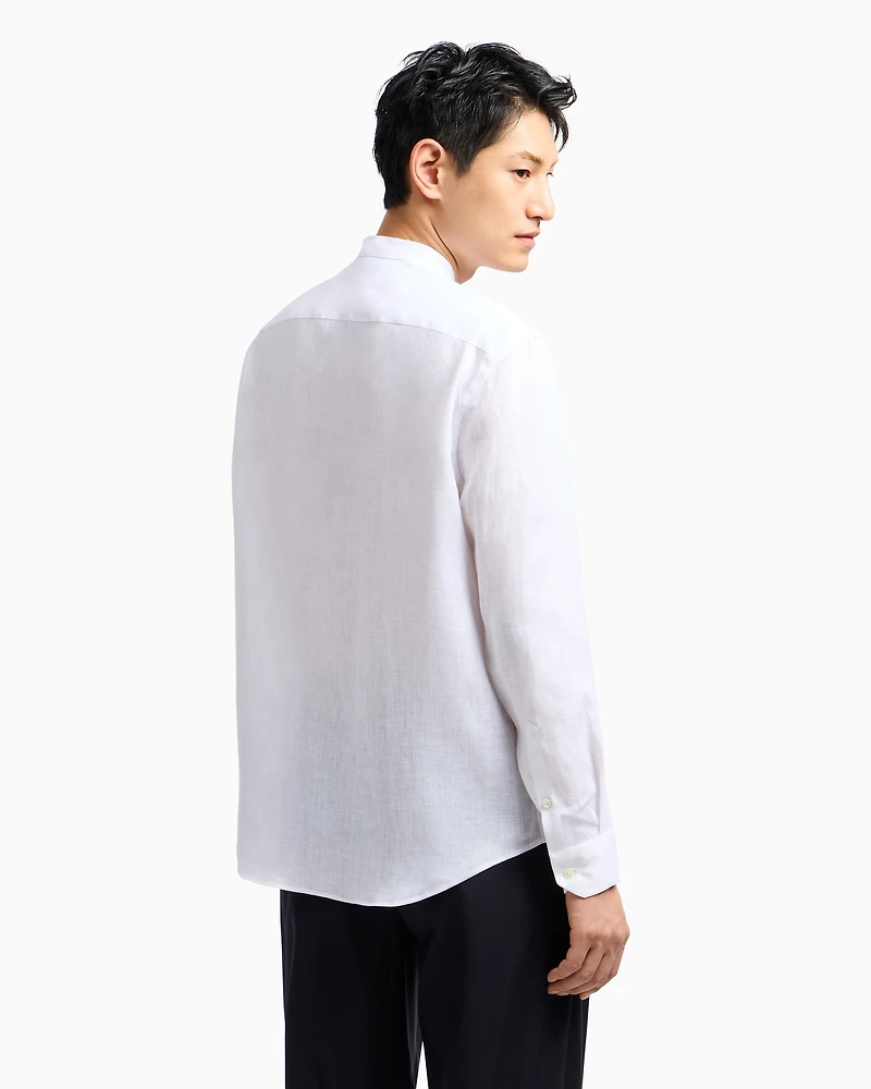 Emporio Armani - Linen chambray shirt with guru collar, Man, White, Size: