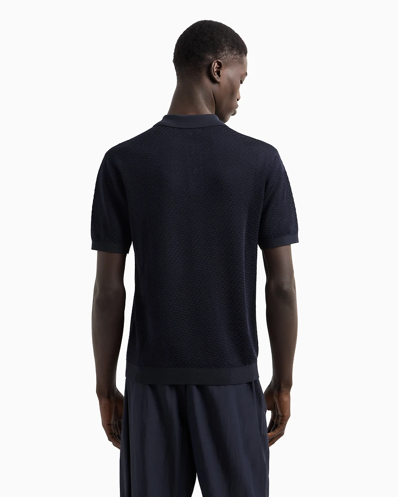 Emporio Armani - Micro-pattern jacquard knit Polo shirt, Man, Blue, Size: