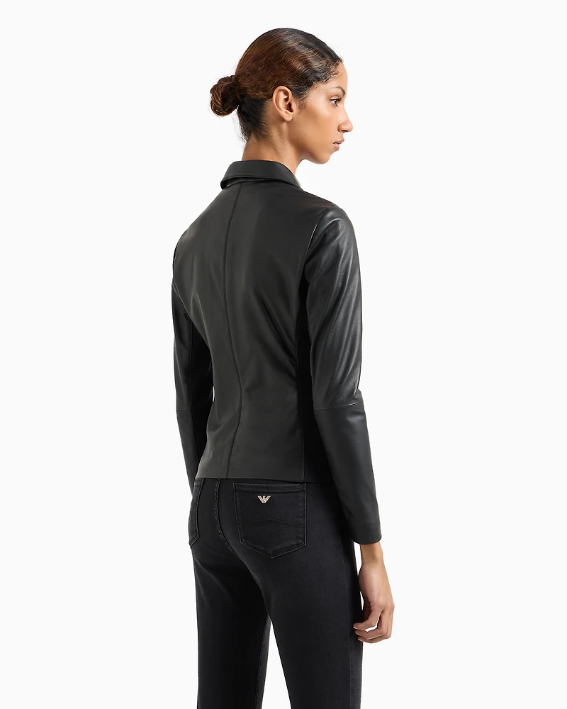 Emporio Armani - Semi-aniline nappa-lambskin jacket with jersey inserts, Woman, Black, Size: