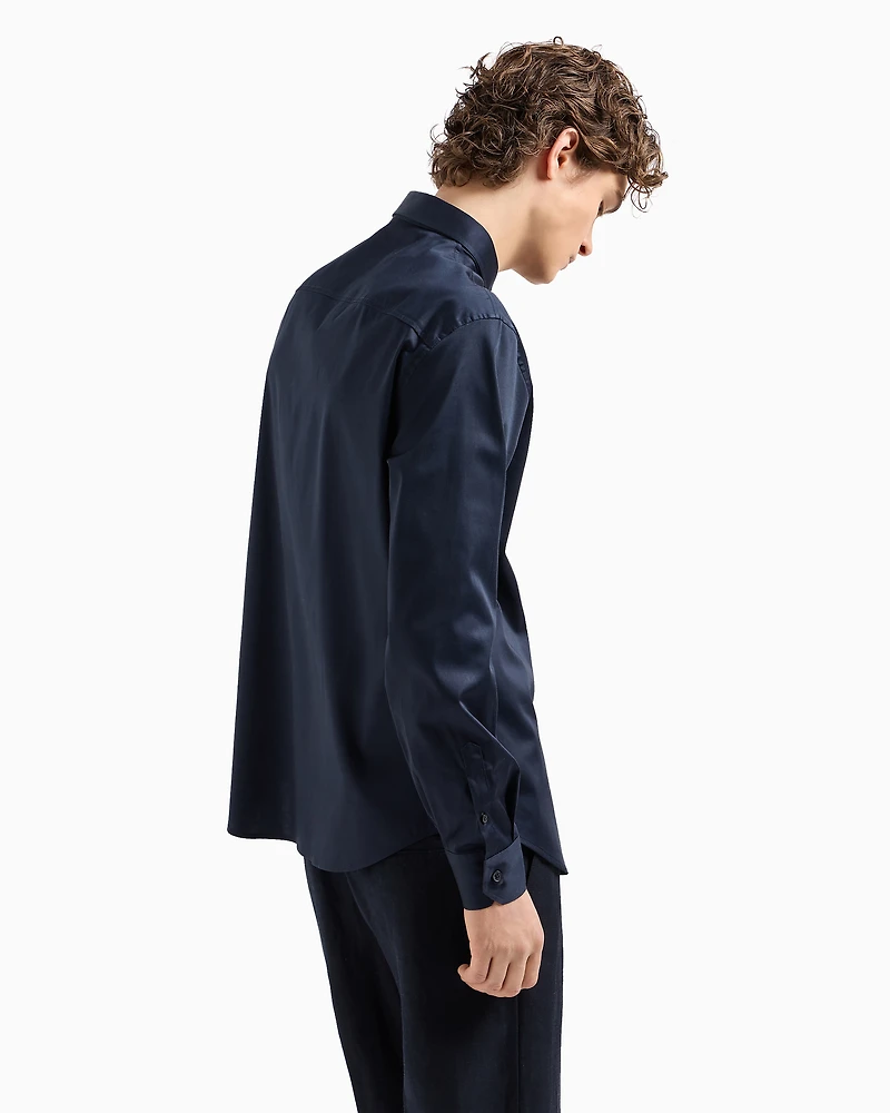Armani Exchange - Regular fit shirt in stretch satin cotton, Man, Navy Blue, Size: XS