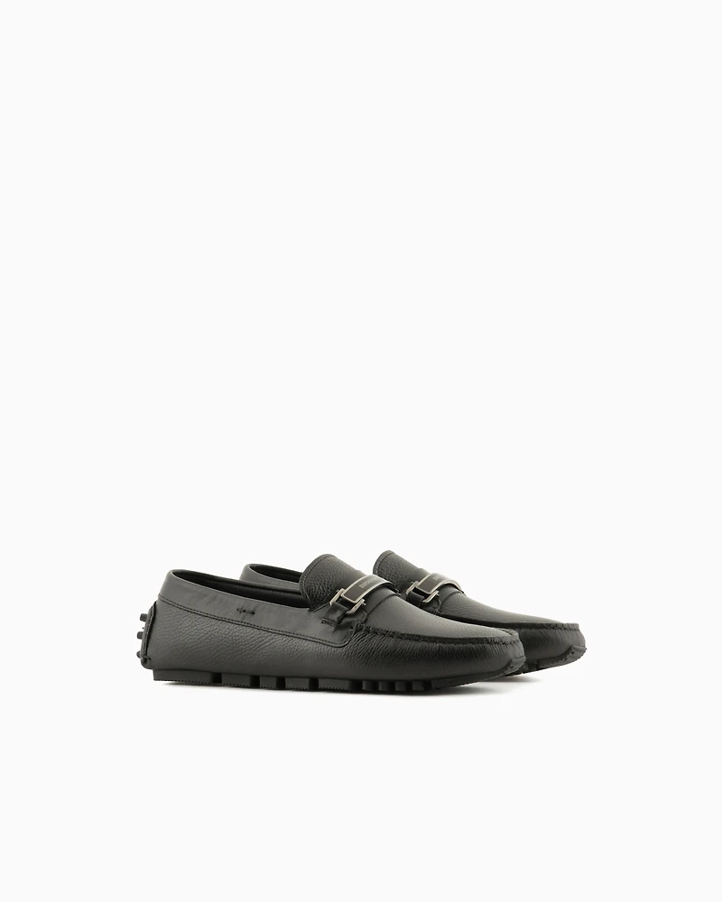 Emporio Armani - Pebbled leather driving loafers with stirrup bar, Man, Black, Size: