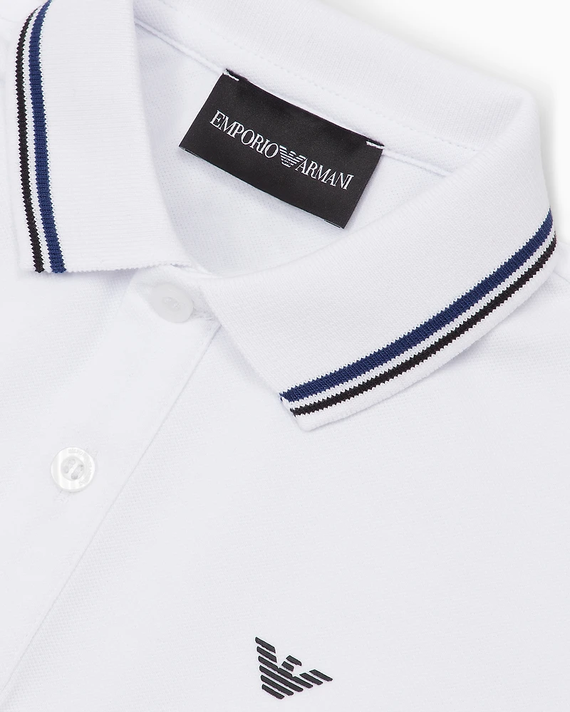 Emporio Armani - Stretch piqué polo shirt with striped trim, Boy, White, Size: