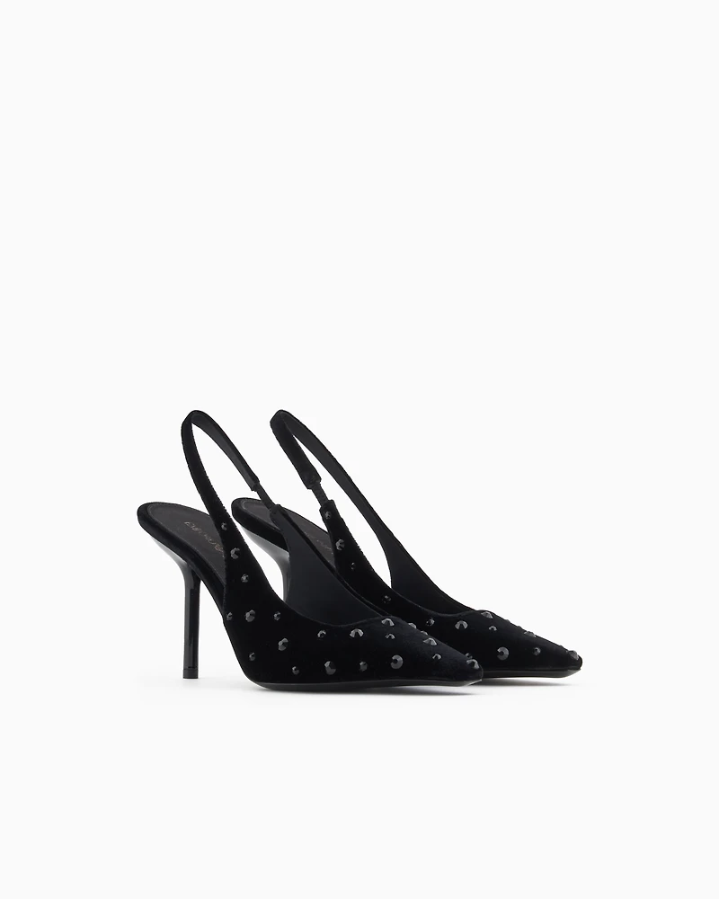 Emporio Armani - Velvet slingback court shoes with rhinestones, Woman, Black, Size: