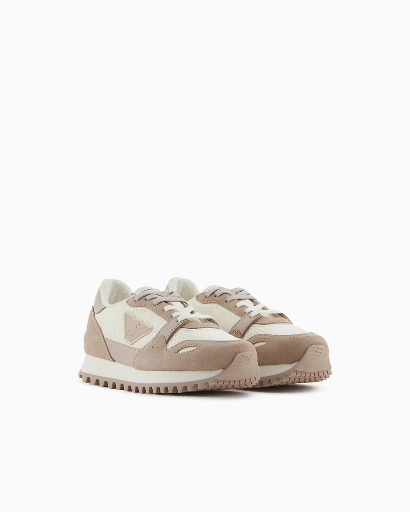 Emporio Armani - Mesh sneakers with suede details and eagle patch, Boy, Beige, Size:
