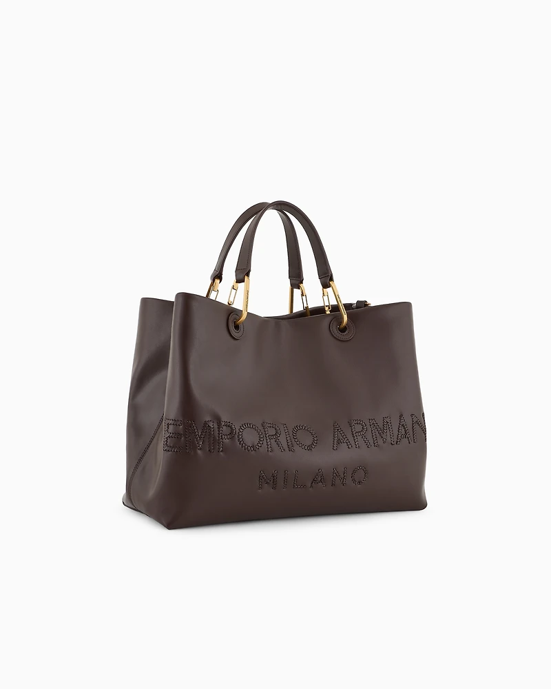 Emporio Armani - MyEA shopper bag in interwoven logo leather, Woman, Brown, Size: TU