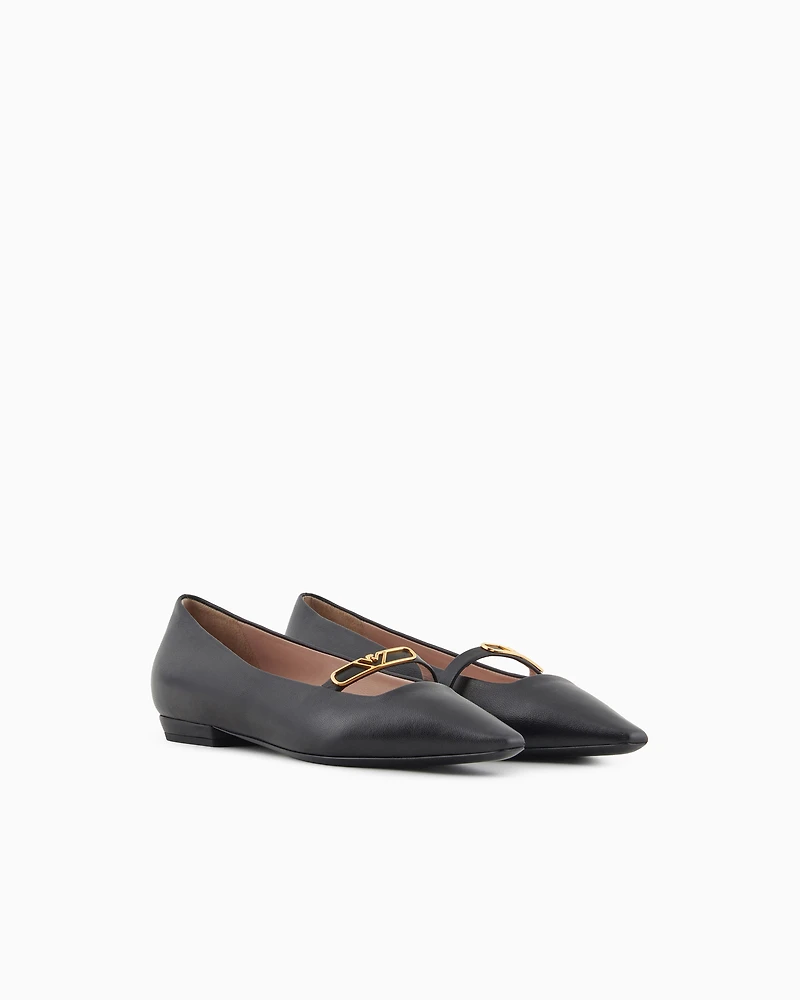 Emporio Armani - Nappa-leather pointed-toe ballerinas with eagle plate, Woman, Black, Size: