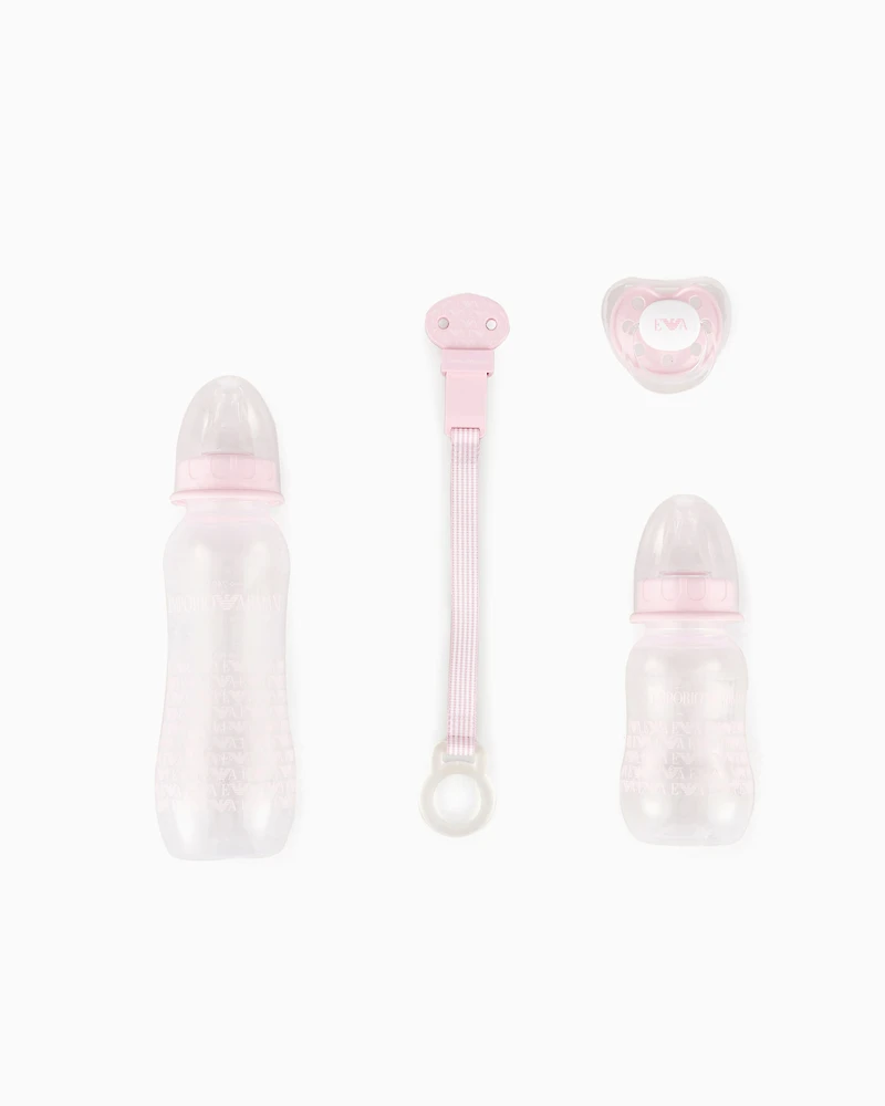 Emporio Armani - Infant-care set with two bottles, dummy and clip-on drawstring, Boy, Pink, Size: TU