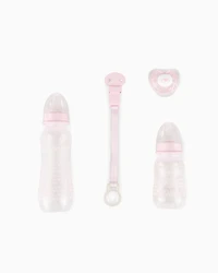 Emporio Armani - Infant-care set with two bottles, dummy and clip-on drawstring, Boy, Pink, Size: TU